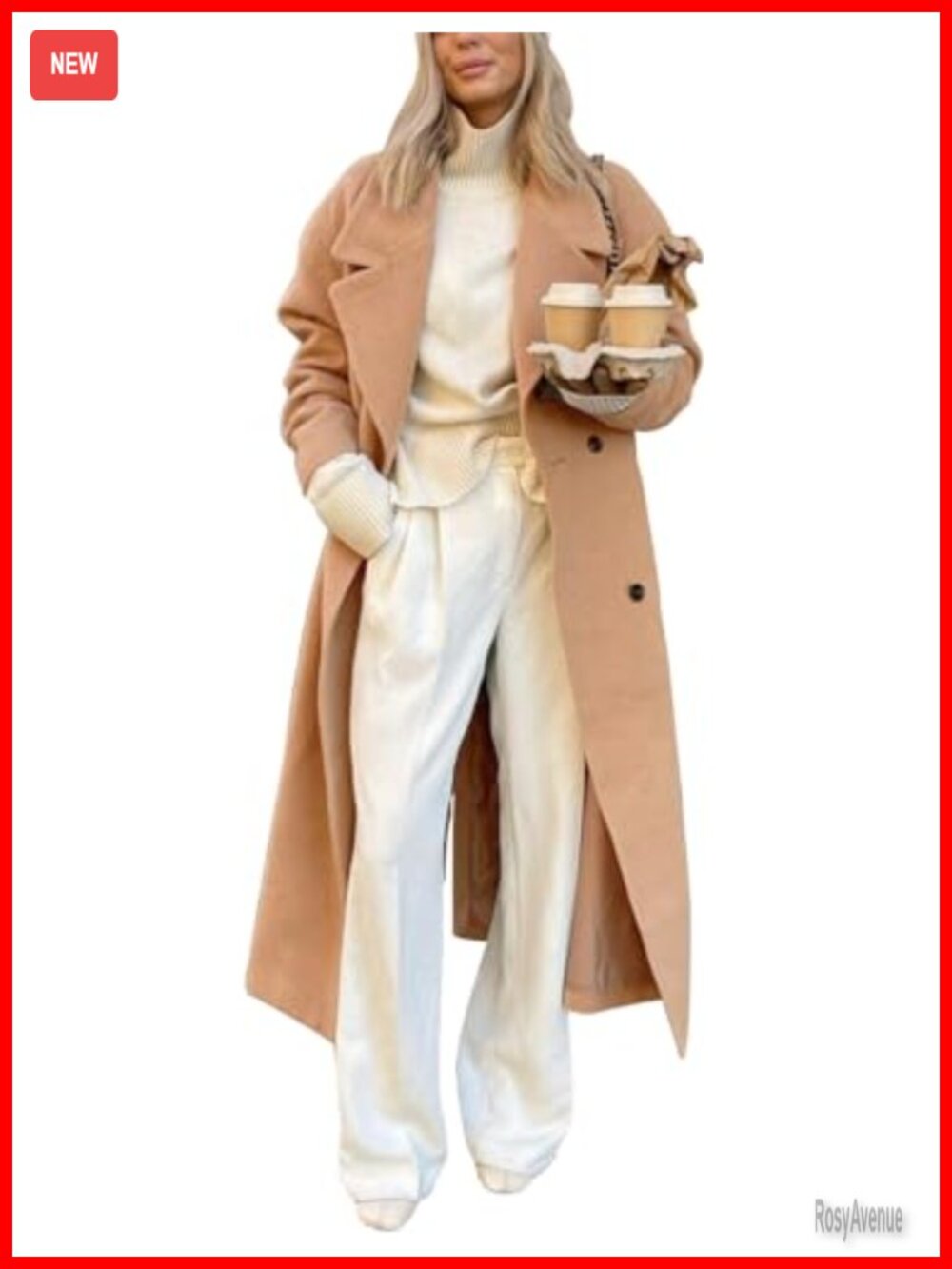 Womens Long Wool Blend Overcoat Notch Lapel Double Breasted Winter Coat